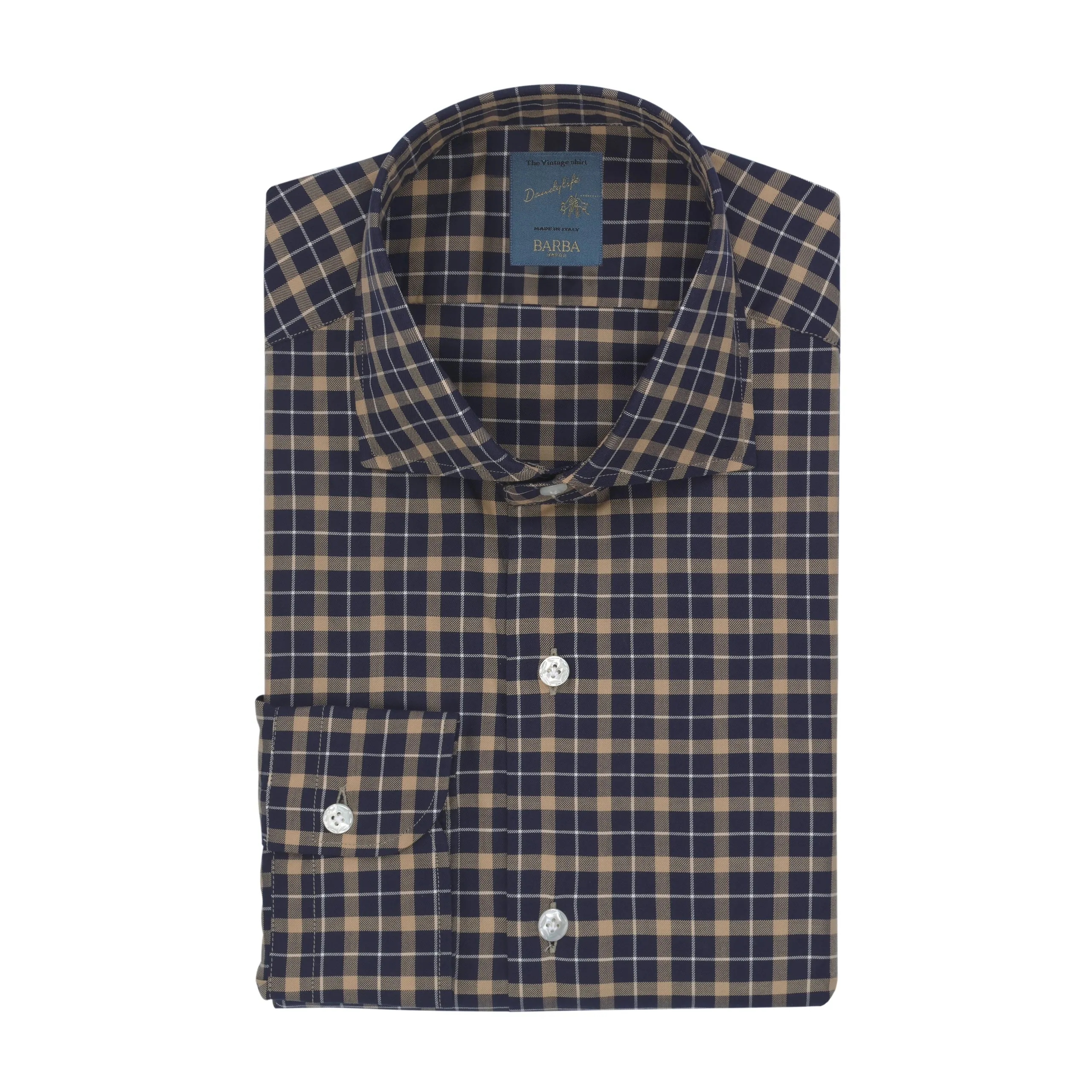 "Dandy Life" Plaid Cotton Shirt in Dark Blue and Ochre