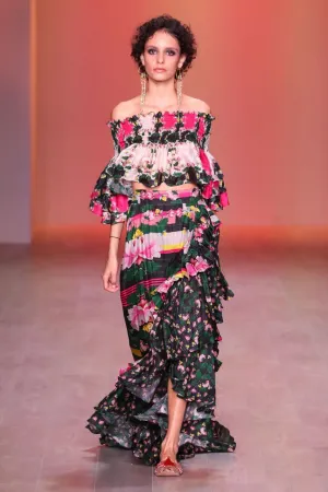 Ruffled silk maxi skirt