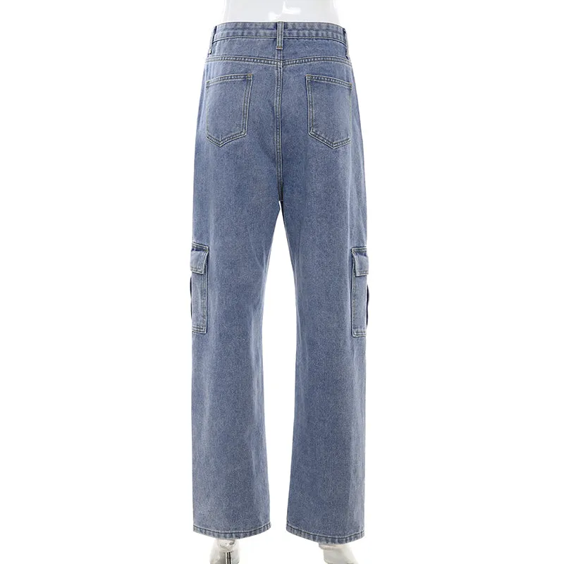 Sexy Blue High Waist Straight Loose Denim Pants