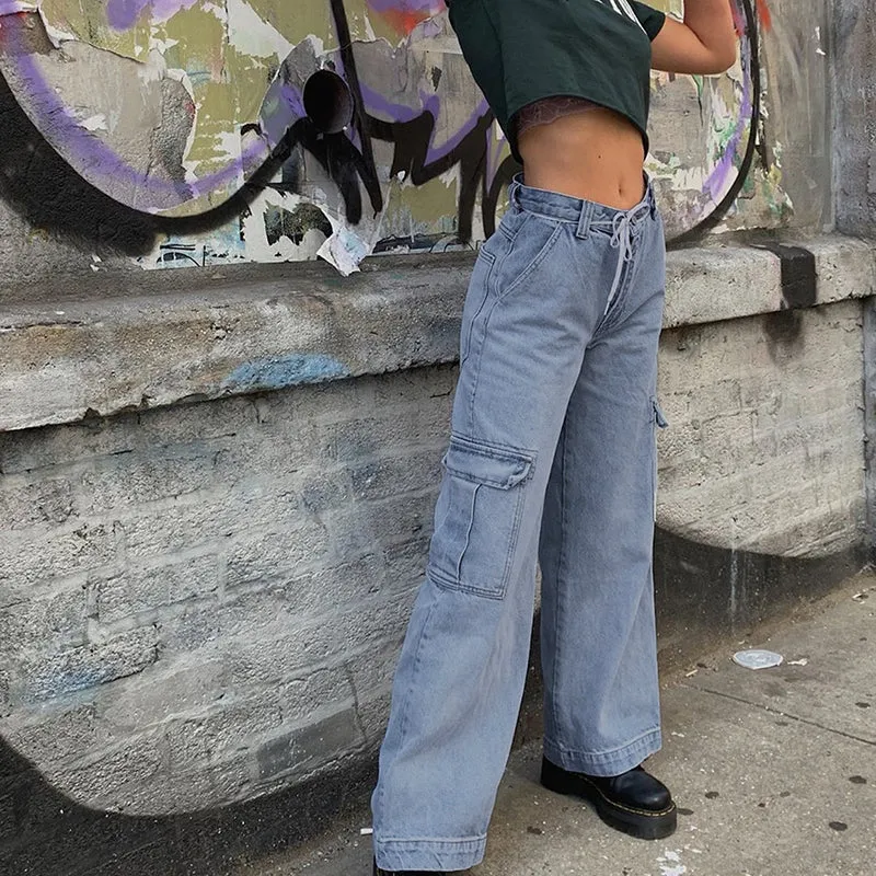 Sexy Blue High Waist Straight Loose Denim Pants
