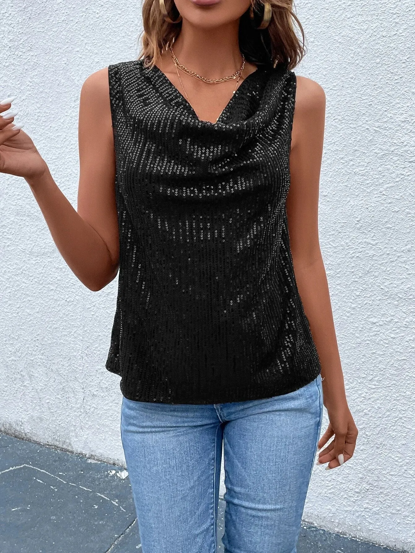 SHEIN Draped Collar Sequin Blouse