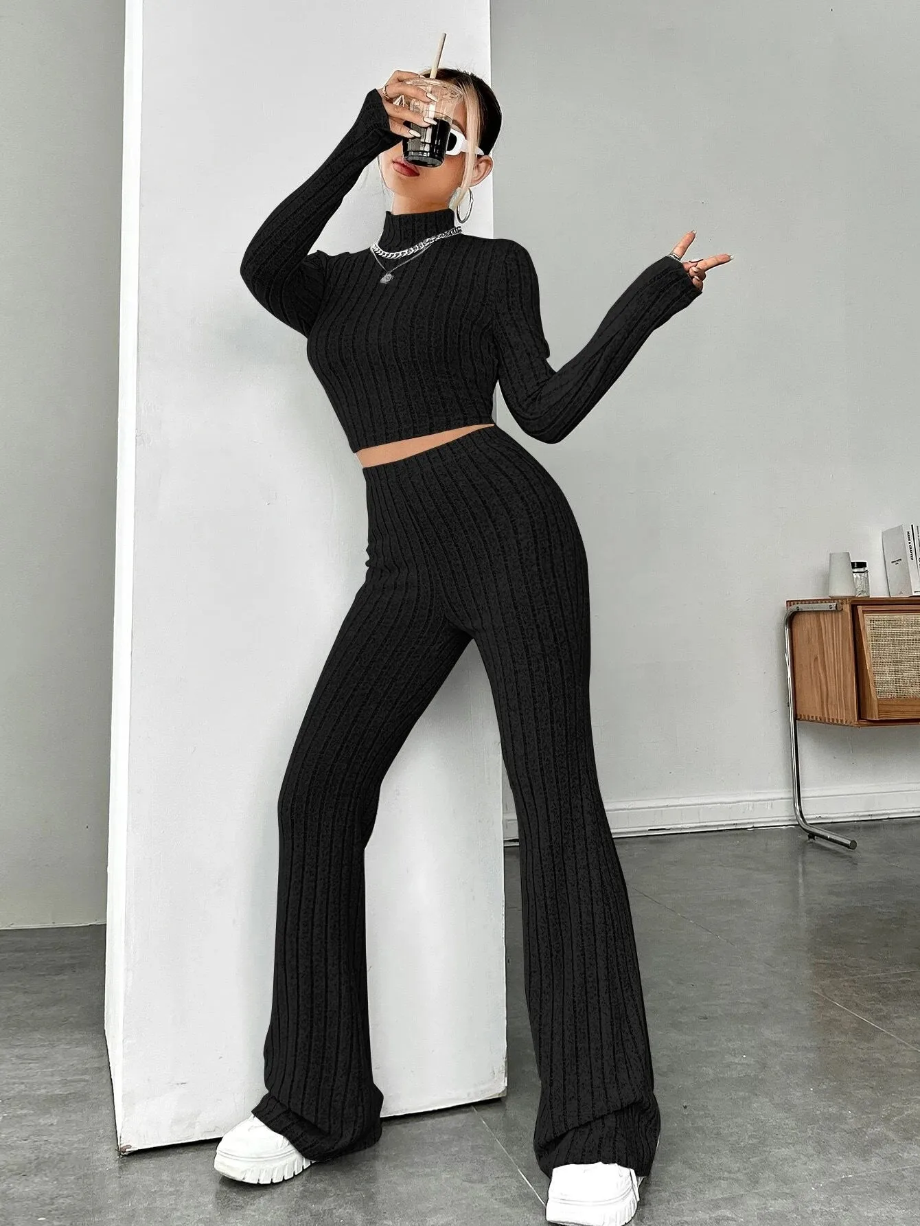 SHEIN EZwear Mock Neck Crop Tee & Flare Leg Pants