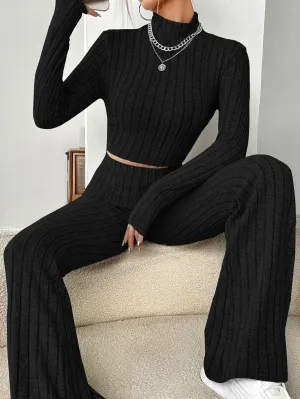 SHEIN EZwear Mock Neck Crop Tee & Flare Leg Pants