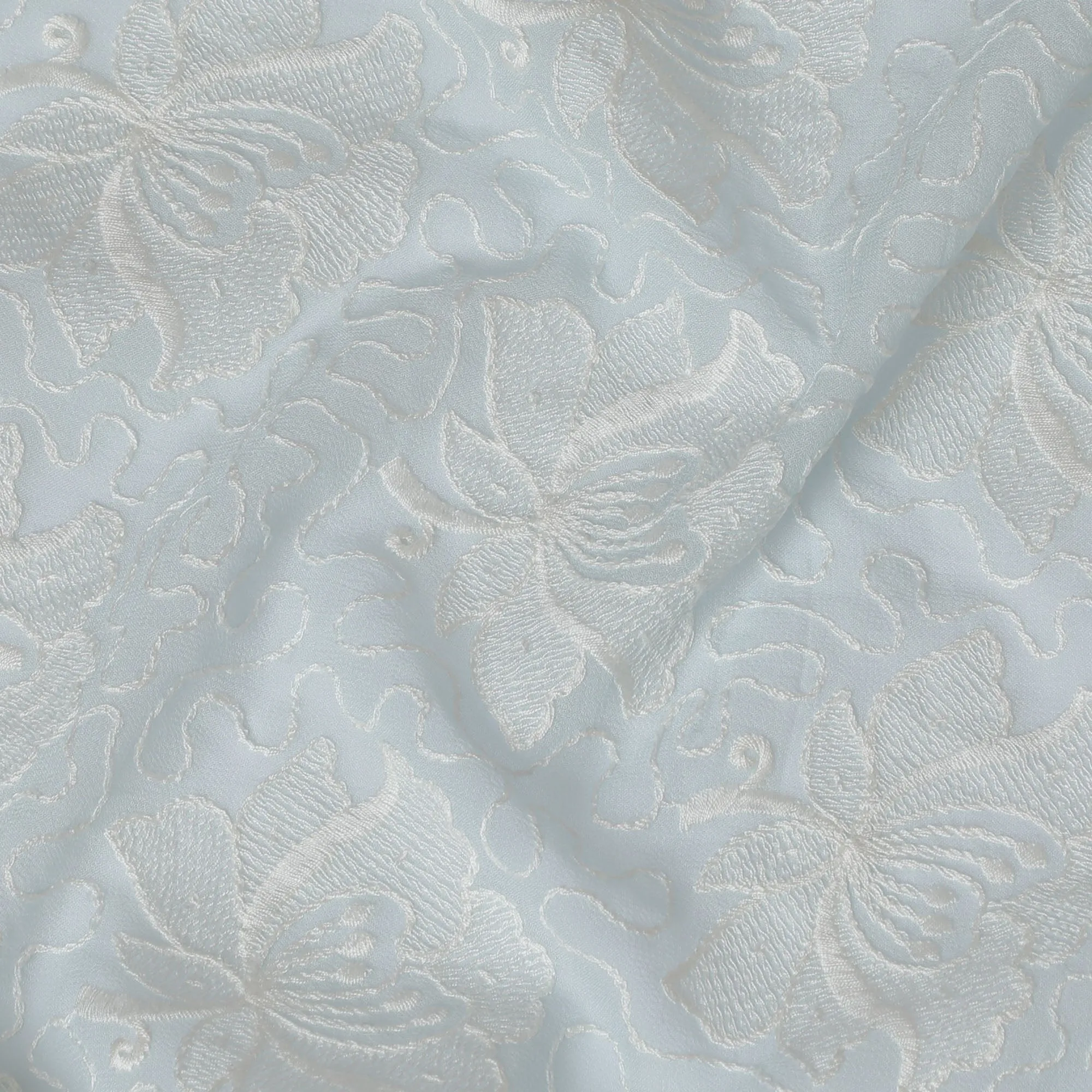 Sky Blue Floral Embossed Georgette Fabric - 110 cm Width, Textured and Delicate, Perfect for Spring and Summer Apparel-D19154