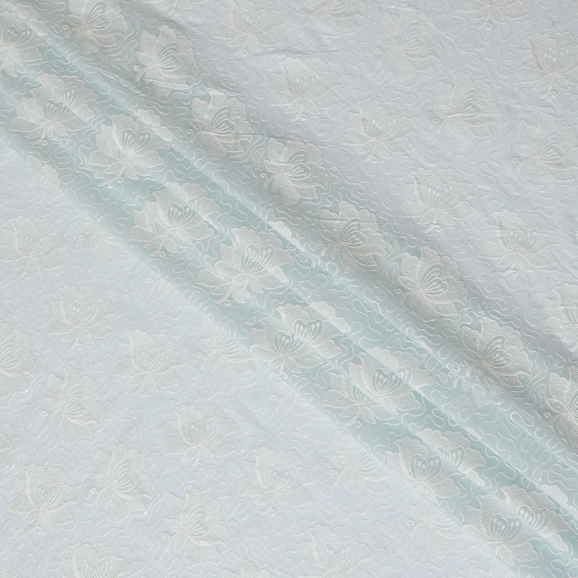 Sky Blue Floral Embossed Georgette Fabric - 110 cm Width, Textured and Delicate, Perfect for Spring and Summer Apparel-D19154