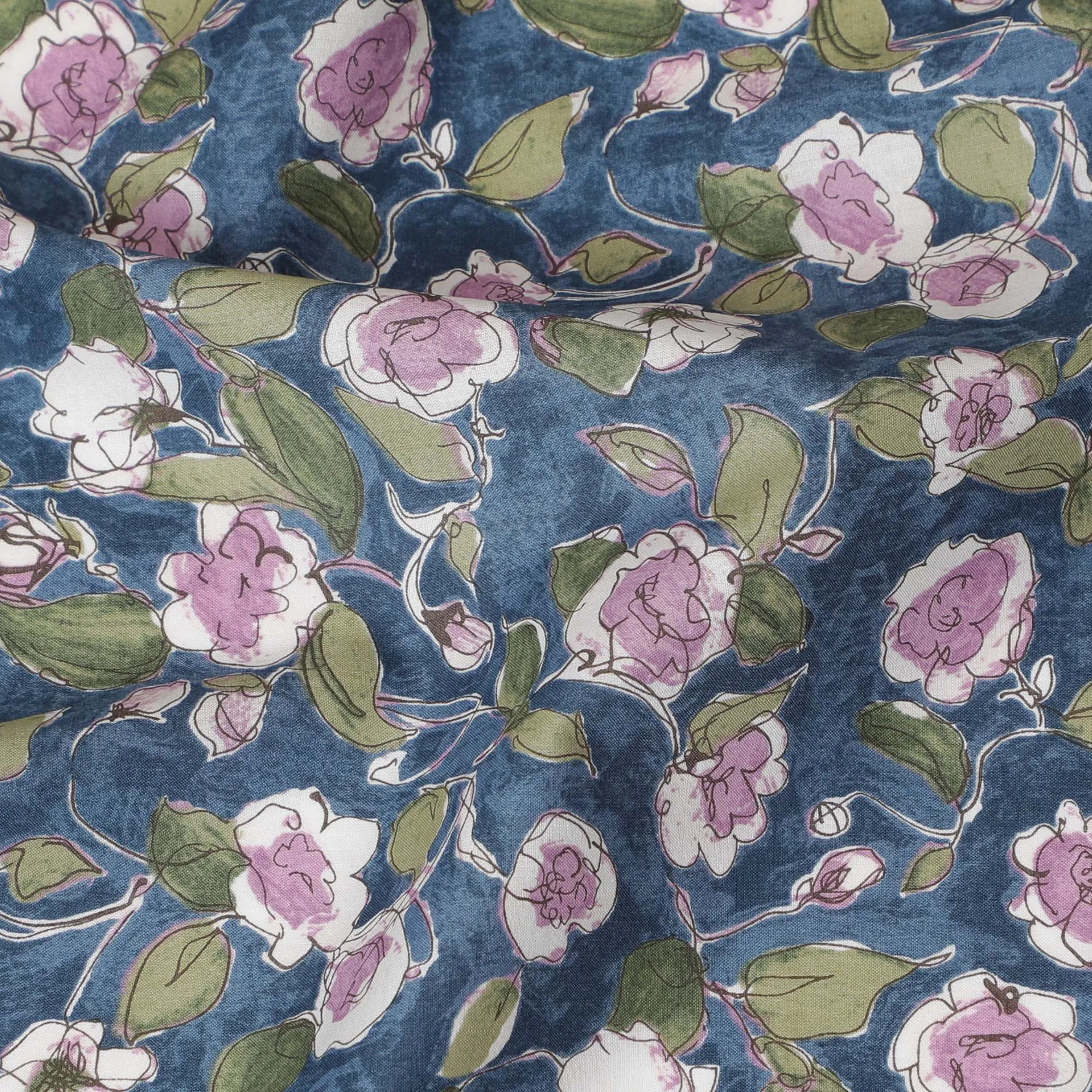 Stylish Blue Floral Cotton Lawn Fabric with Pink and White Blossoms, 110 cm Wide, Japanese Design-D19546