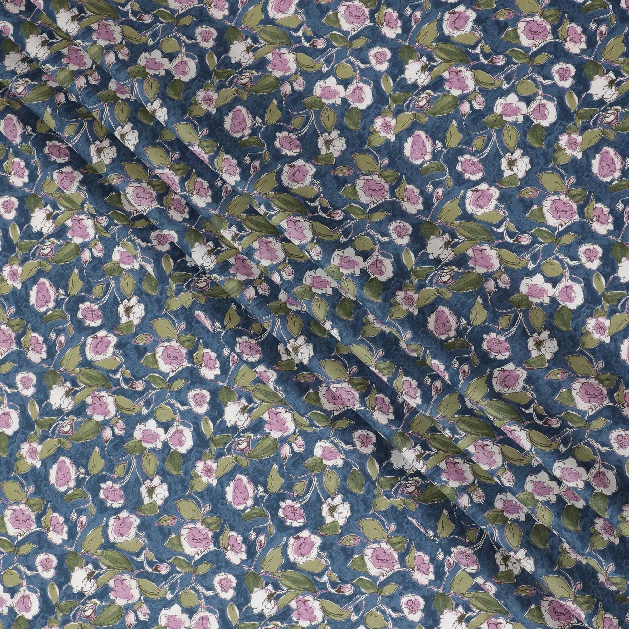 Stylish Blue Floral Cotton Lawn Fabric with Pink and White Blossoms, 110 cm Wide, Japanese Design-D19546