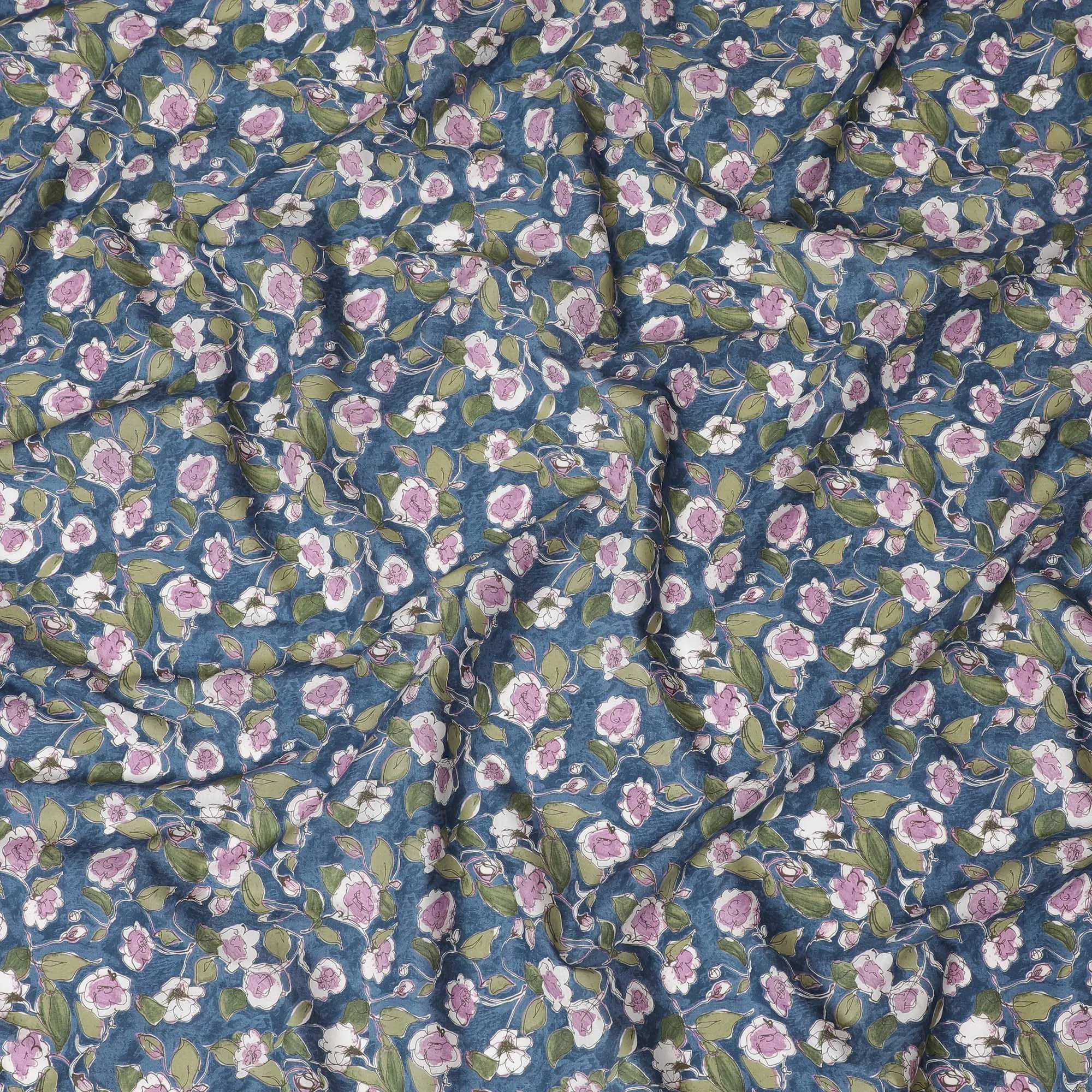 Stylish Blue Floral Cotton Lawn Fabric with Pink and White Blossoms, 110 cm Wide, Japanese Design-D19546