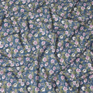 Stylish Blue Floral Cotton Lawn Fabric with Pink and White Blossoms, 110 cm Wide, Japanese Design-D19546