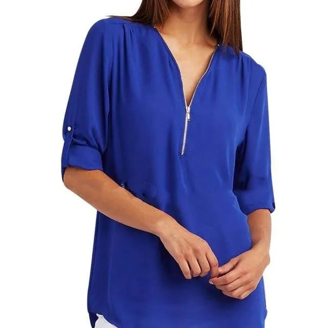 Summer Elegant V Neck Zipper Blouse