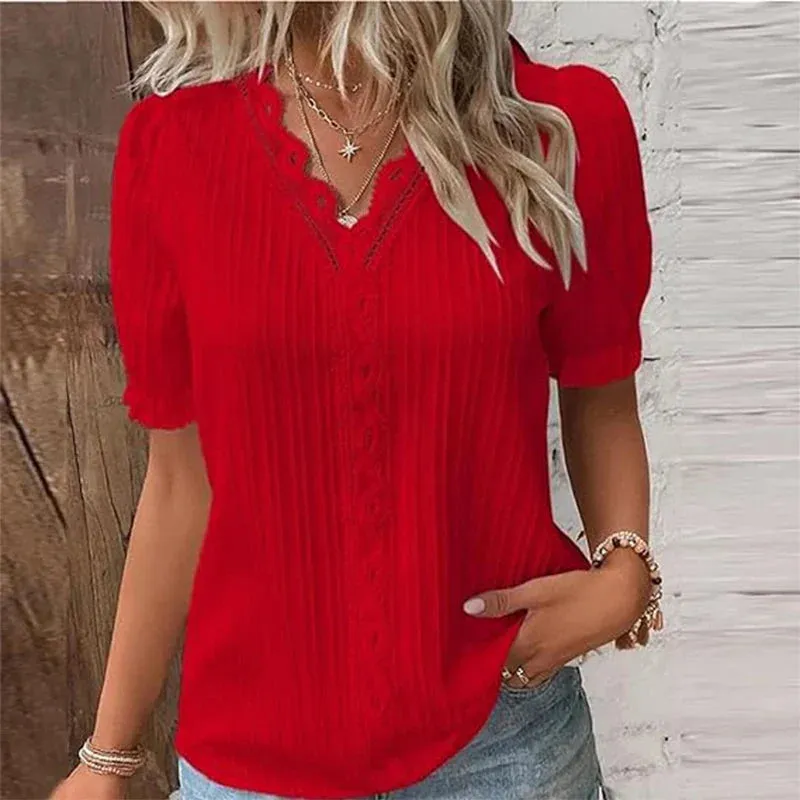 Summer V Neck Lace Short Pullover Elegant Blouse