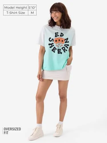 The Souled Store Official Ed Sheeran: Flower Ombre Women and Girl Short Sleeve Round Neck White and Blue Graphic Printed Cotton Oversized T-Shirts