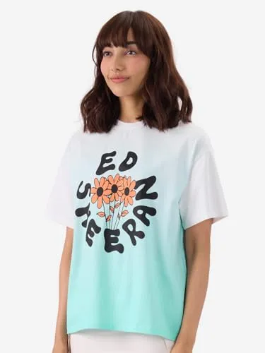 The Souled Store Official Ed Sheeran: Flower Ombre Women and Girl Short Sleeve Round Neck White and Blue Graphic Printed Cotton Oversized T-Shirts