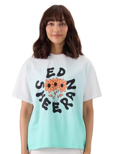 The Souled Store Official Ed Sheeran: Flower Ombre Women and Girl Short Sleeve Round Neck White and Blue Graphic Printed Cotton Oversized T-Shirts