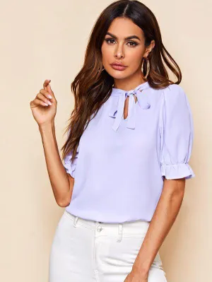 Tie Neck Ruffle Cuff Solid Top