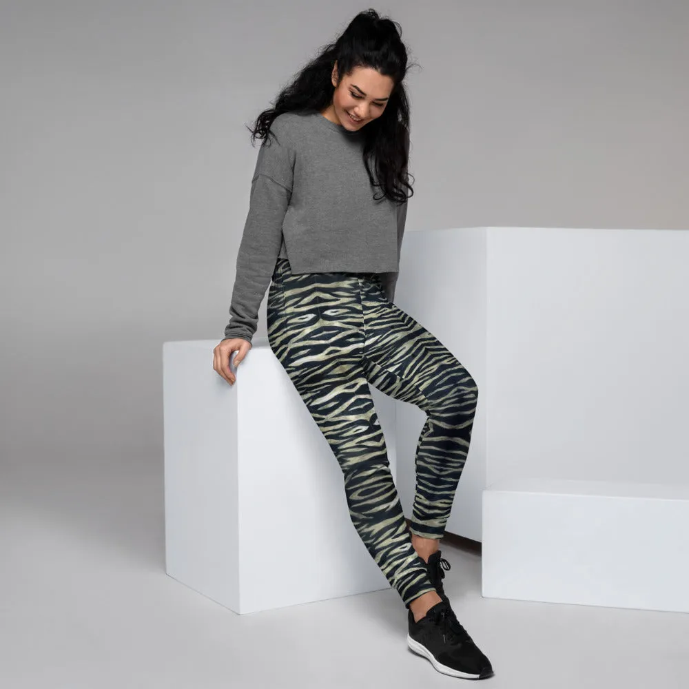 Tiger Striped Women's Joggers, Best Grey Tiger Stripe Animal Print Sweatpants-Made in EU