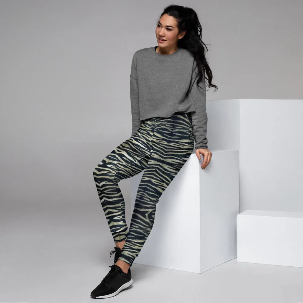 Tiger Striped Women's Joggers, Best Grey Tiger Stripe Animal Print Sweatpants-Made in EU