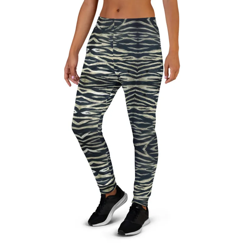 Tiger Striped Women's Joggers, Best Grey Tiger Stripe Animal Print Sweatpants-Made in EU