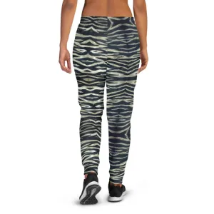 Tiger Striped Women's Joggers, Best Grey Tiger Stripe Animal Print Sweatpants-Made in EU