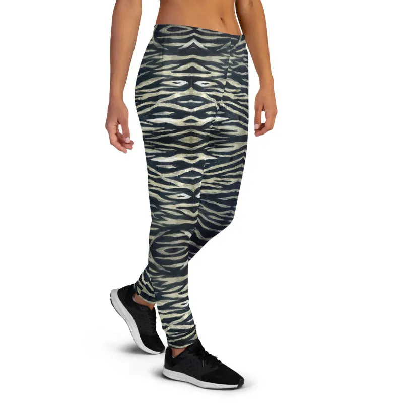 Tiger Striped Women's Joggers, Best Grey Tiger Stripe Animal Print Sweatpants-Made in EU