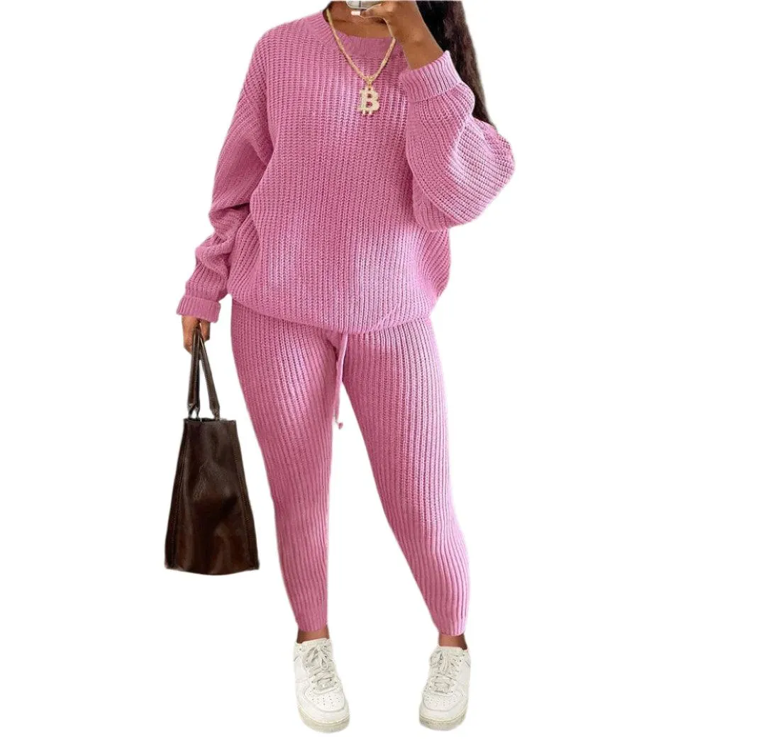 Two Piece Sets Fashion Round Neck Pullover Loose Knitted Sweater Pants Suits