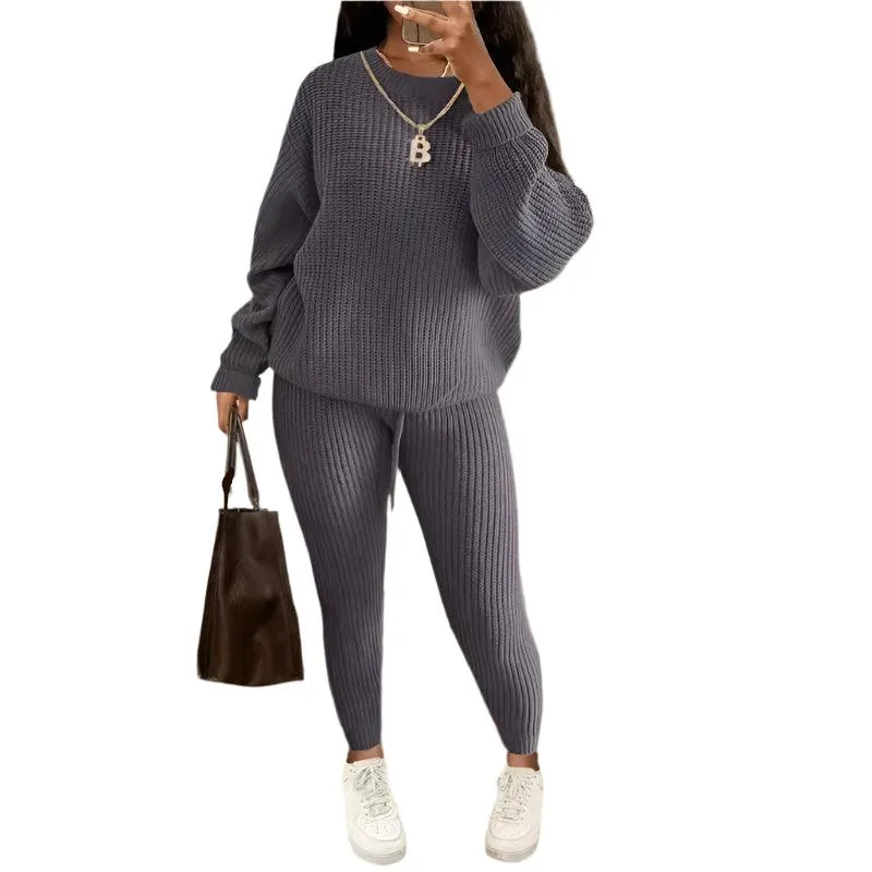 Two Piece Sets Fashion Round Neck Pullover Loose Knitted Sweater Pants Suits