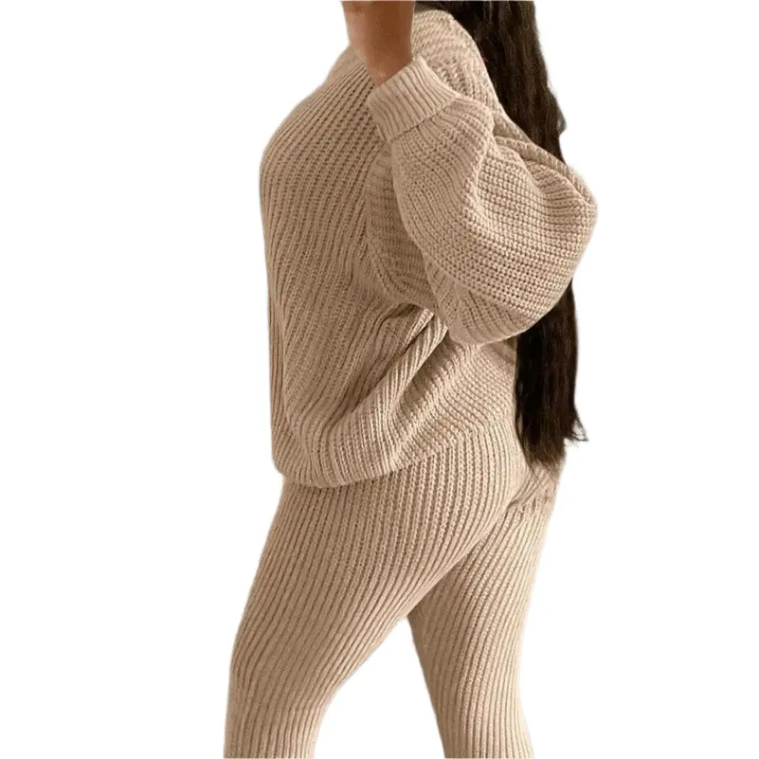 Two Piece Sets Fashion Round Neck Pullover Loose Knitted Sweater Pants Suits