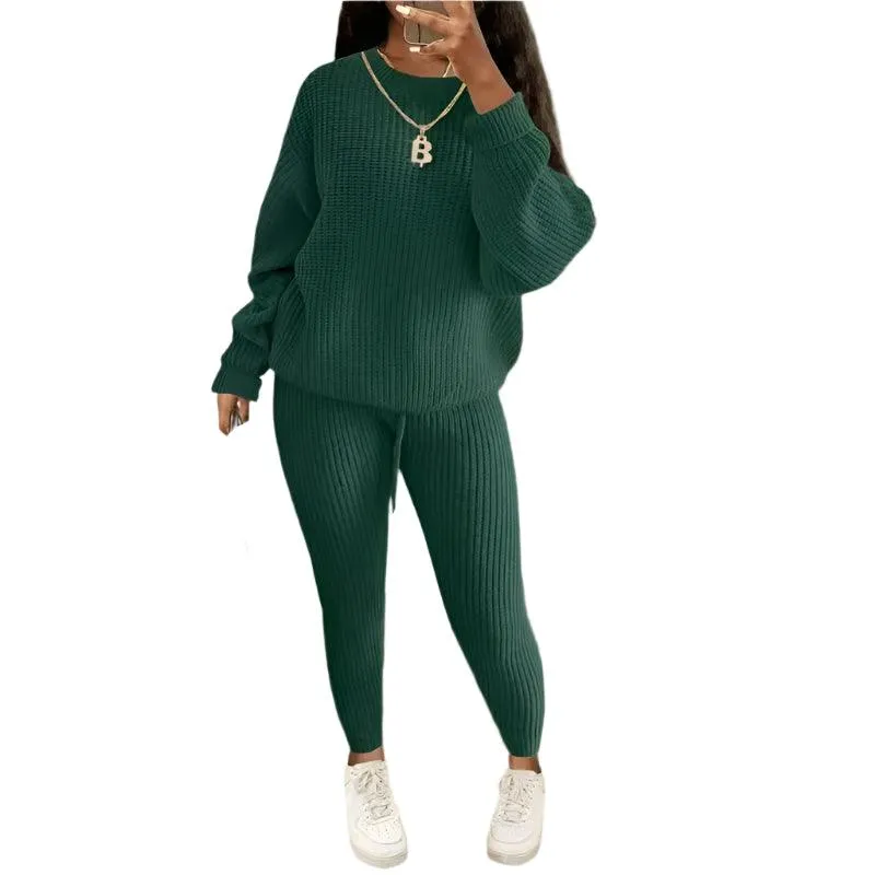 Two Piece Sets Fashion Round Neck Pullover Loose Knitted Sweater Pants Suits