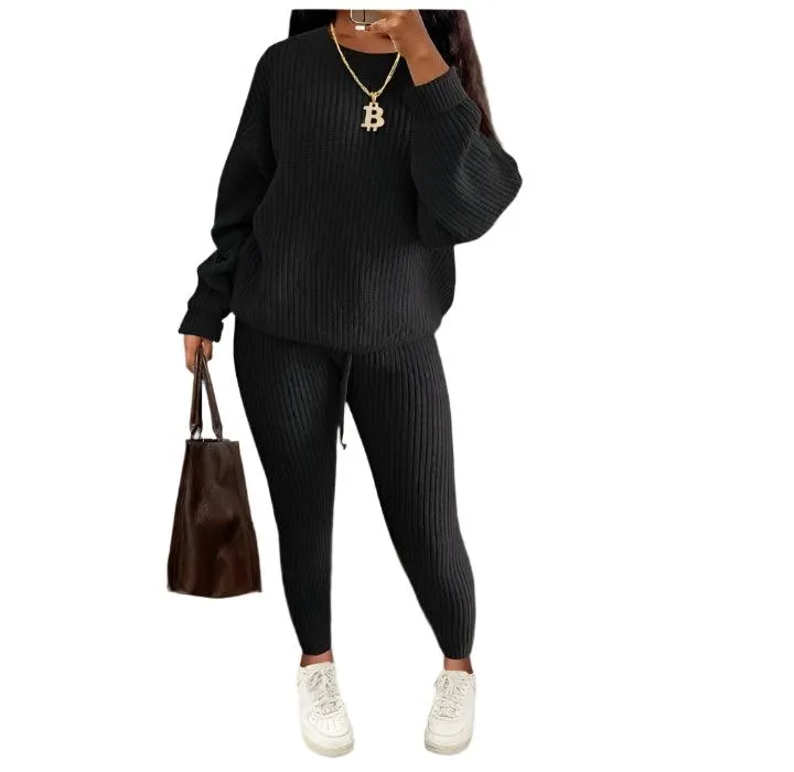 Two Piece Sets Fashion Round Neck Pullover Loose Knitted Sweater Pants Suits