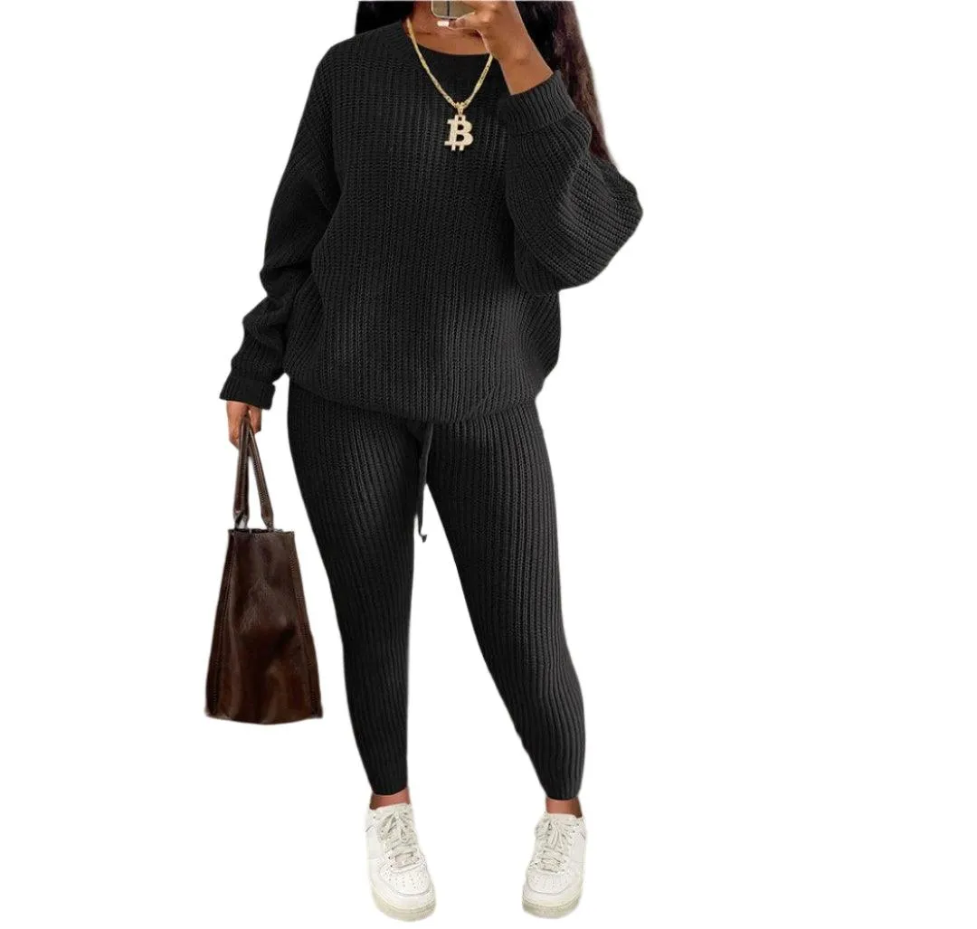 Two Piece Sets Fashion Round Neck Pullover Loose Knitted Sweater Pants Suits