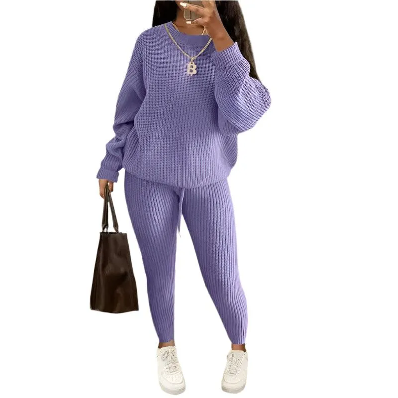Two Piece Sets Fashion Round Neck Pullover Loose Knitted Sweater Pants Suits