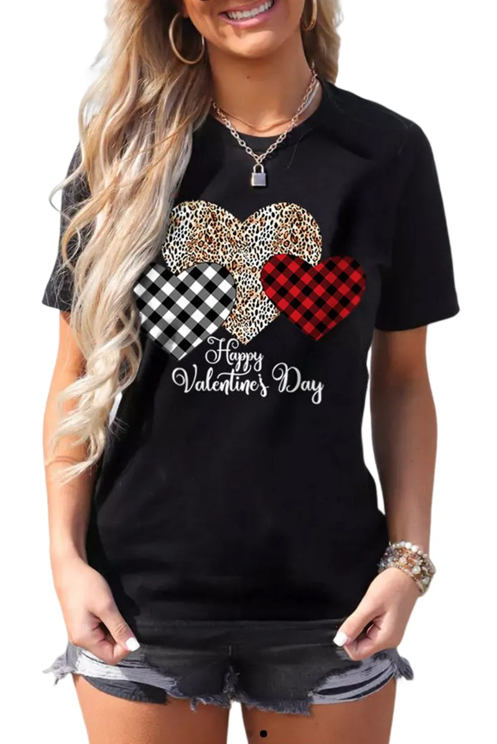 Valentine's Day T-Shirt Leopard Plaid Hearts Graphic Tees