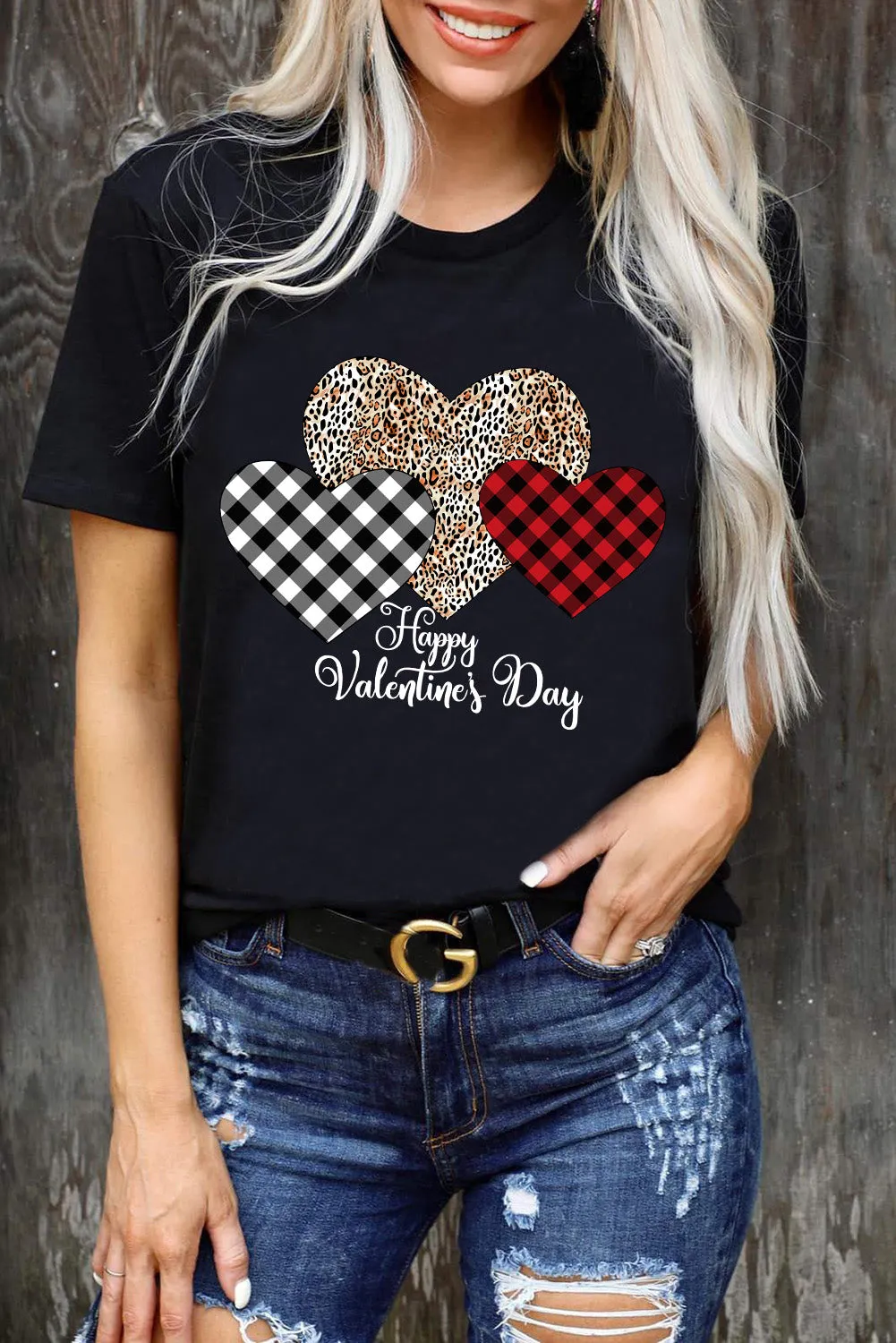 Valentine's Day T-Shirt Leopard Plaid Hearts Graphic Tees