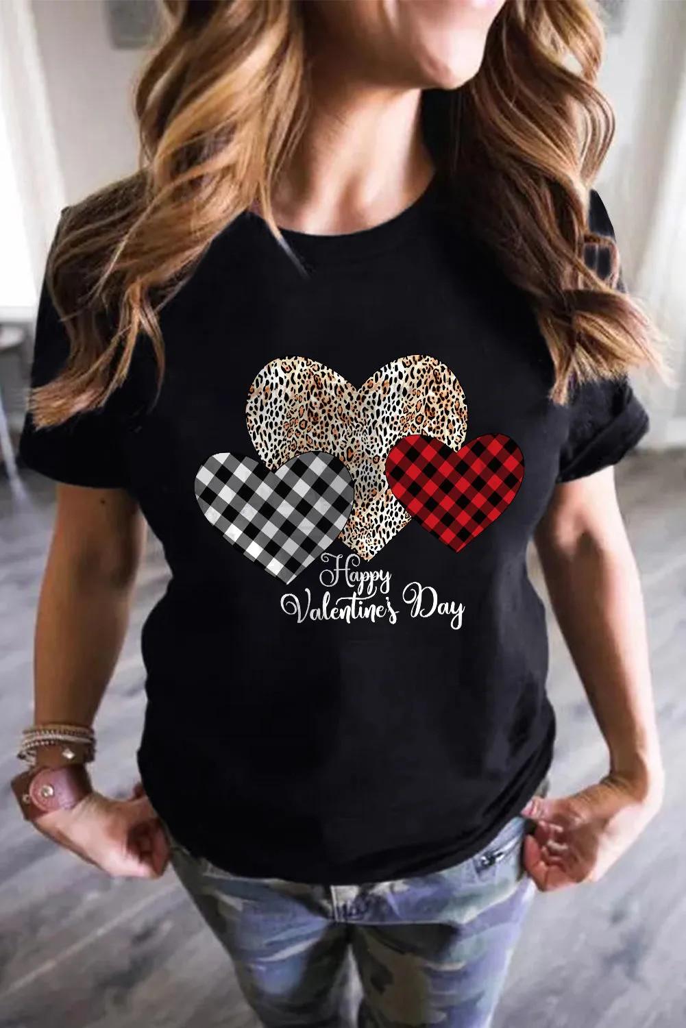 Valentine's Day T-Shirt Leopard Plaid Hearts Graphic Tees