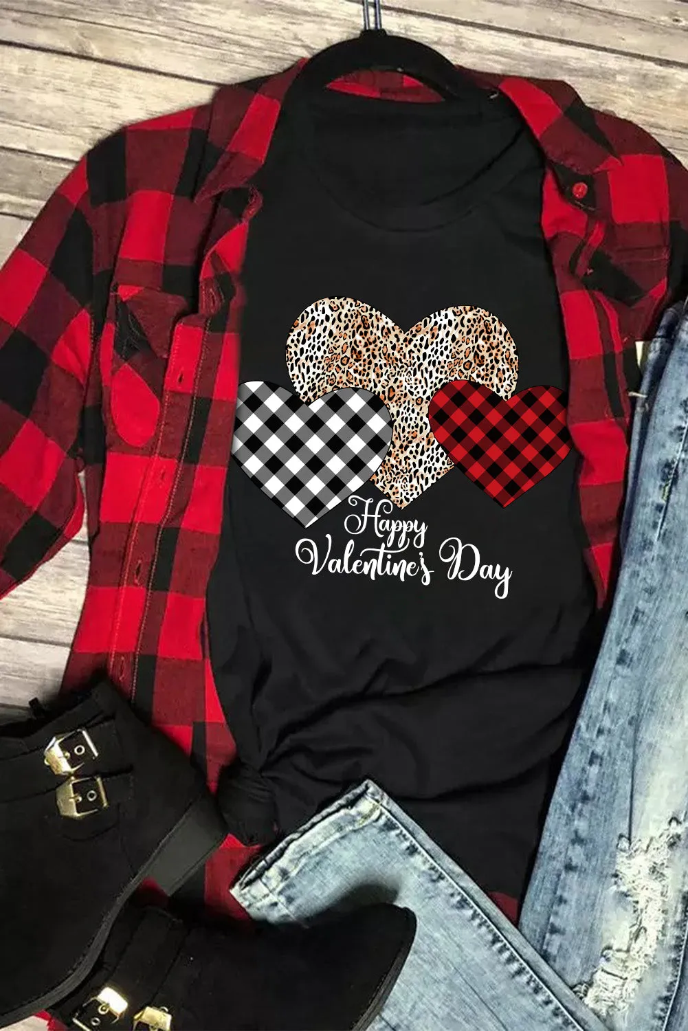 Valentine's Day T-Shirt Leopard Plaid Hearts Graphic Tees