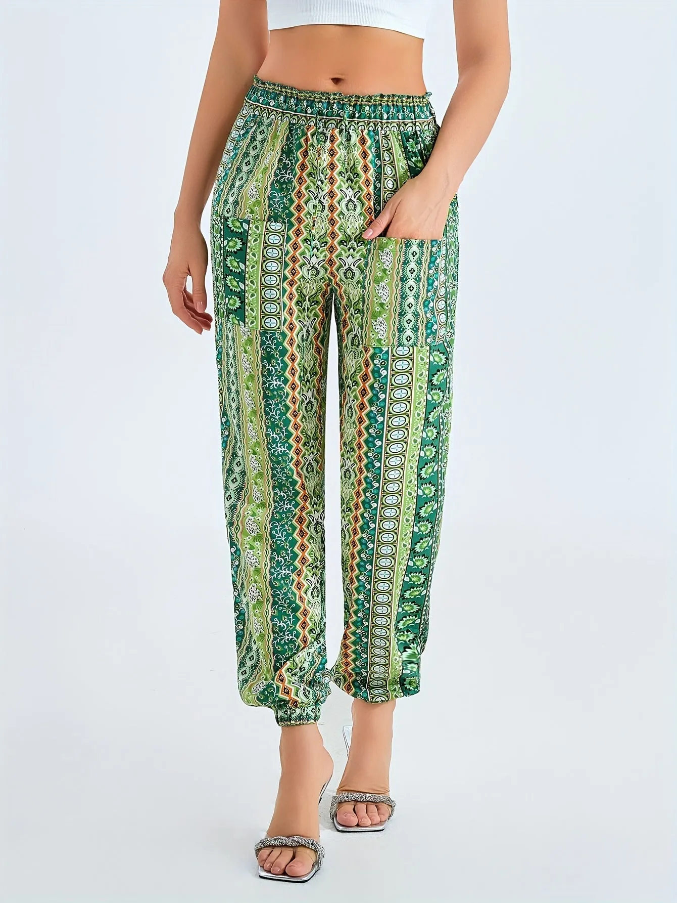 Vibrant Allover Print Fitted Bottom Joggers - Stylish, Comfortable, and Breathable Pants for Spring and Summer - Womens Elegant Clothing for Casual Outings and Daily Wear