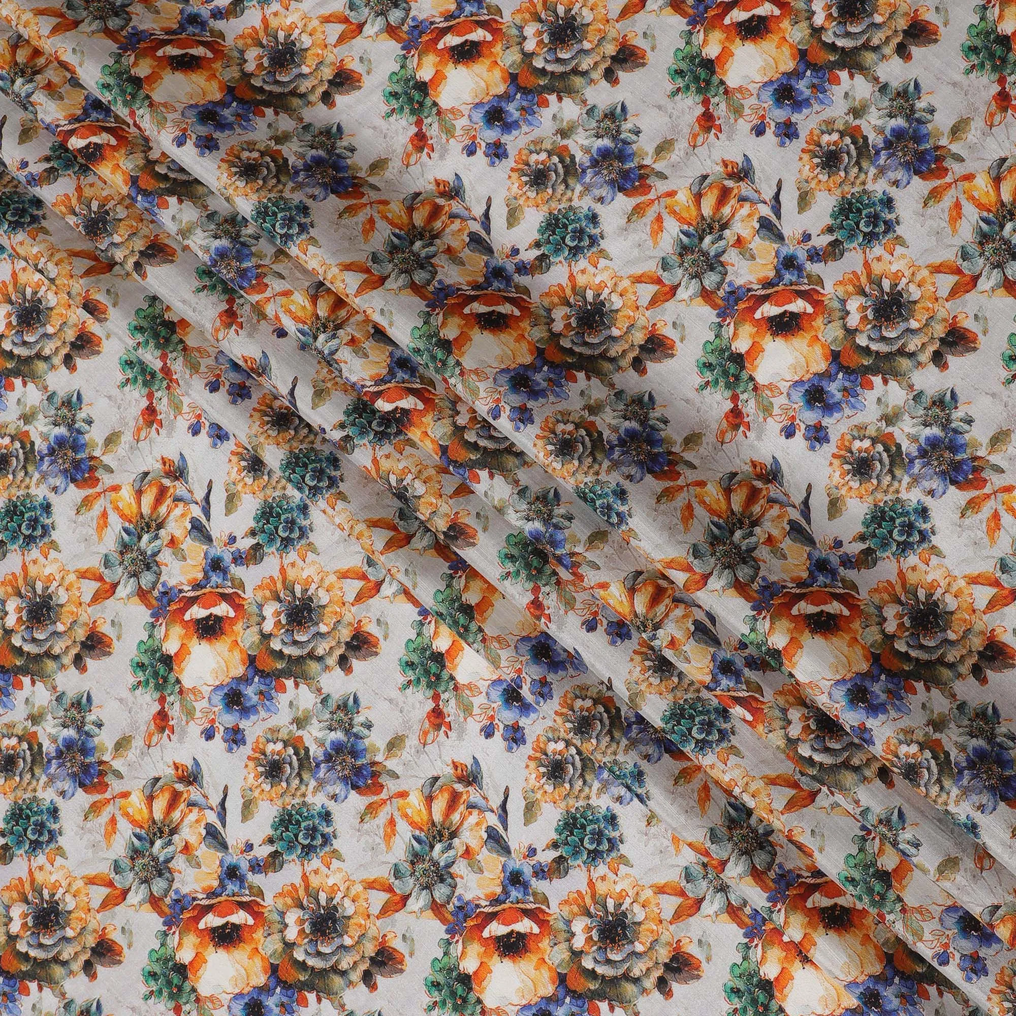 Vibrant Orange and Blue Floral Viscose Modal Satin Fabric - 110 cm Width-D19984