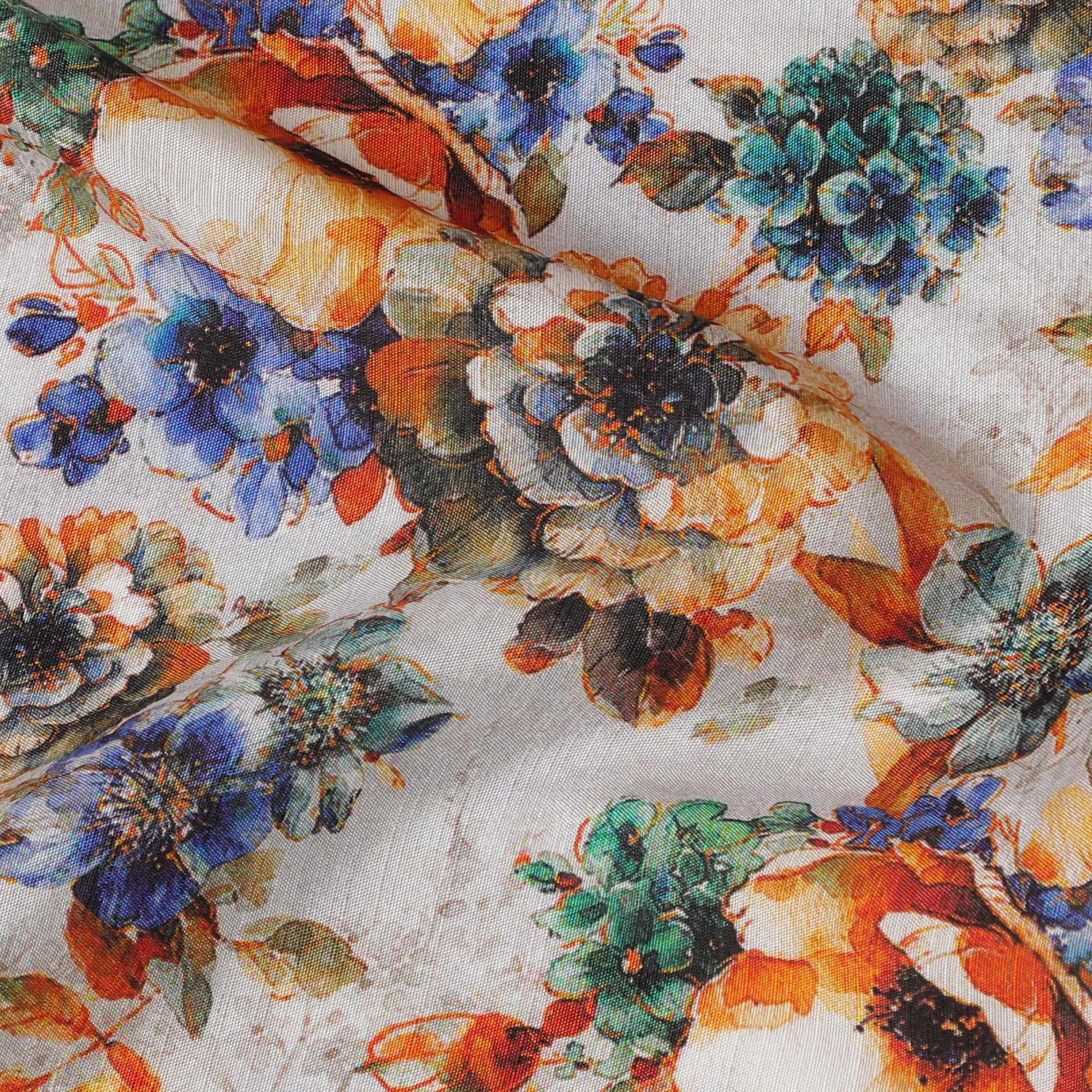 Vibrant Orange and Blue Floral Viscose Modal Satin Fabric - 110 cm Width-D19984