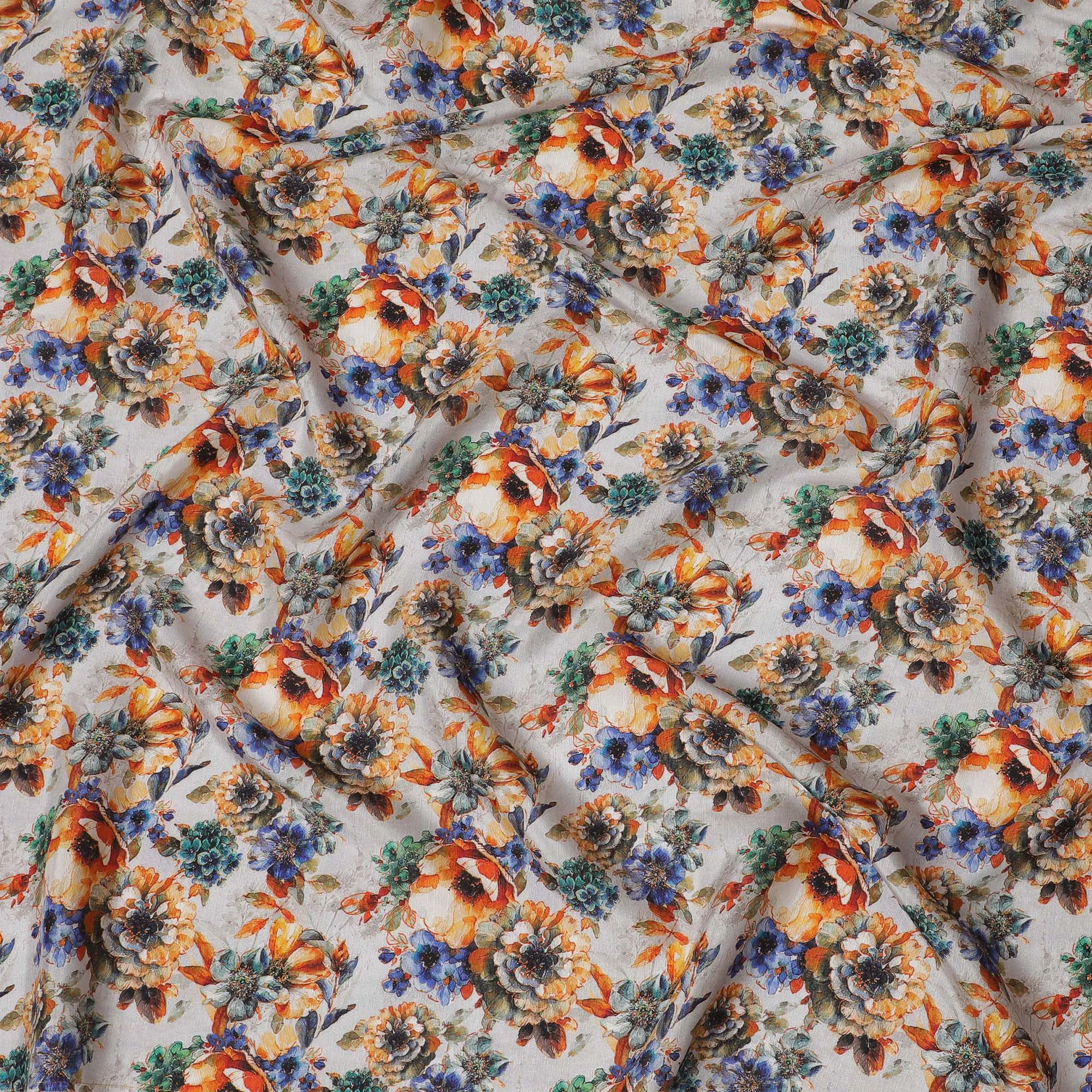 Vibrant Orange and Blue Floral Viscose Modal Satin Fabric - 110 cm Width-D19984