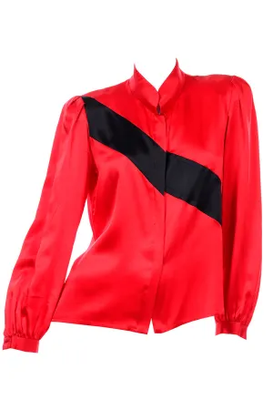 Vintage Valentino Red and Black Diagonal Stripe Silk Long Sleeve Blouse