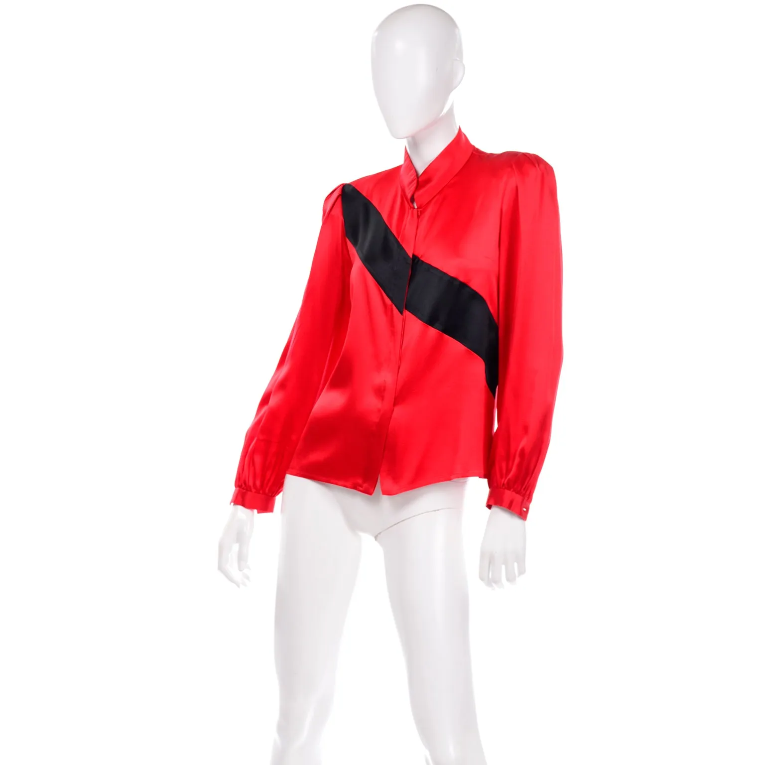 Vintage Valentino Red and Black Diagonal Stripe Silk Long Sleeve Blouse