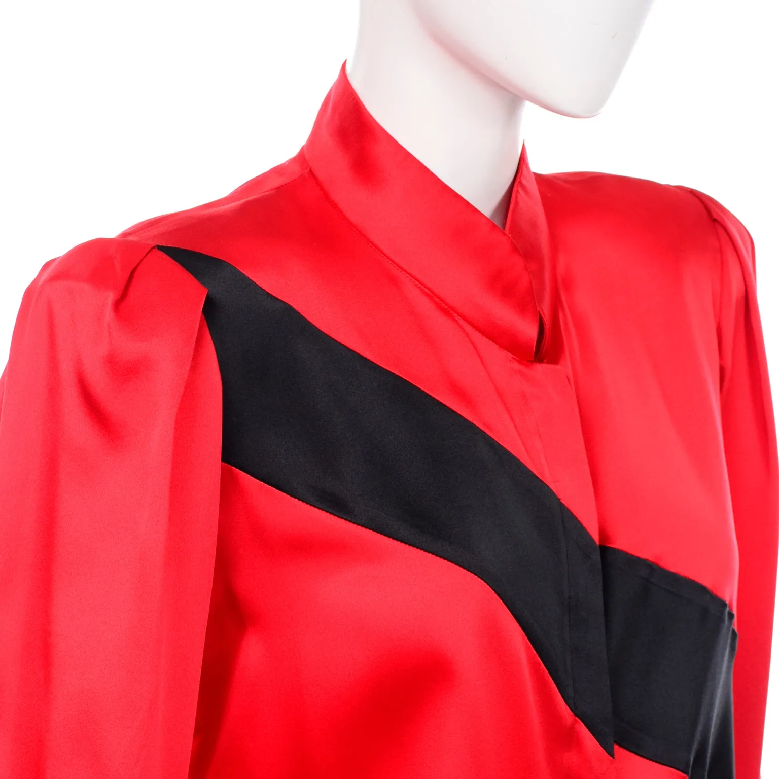 Vintage Valentino Red and Black Diagonal Stripe Silk Long Sleeve Blouse