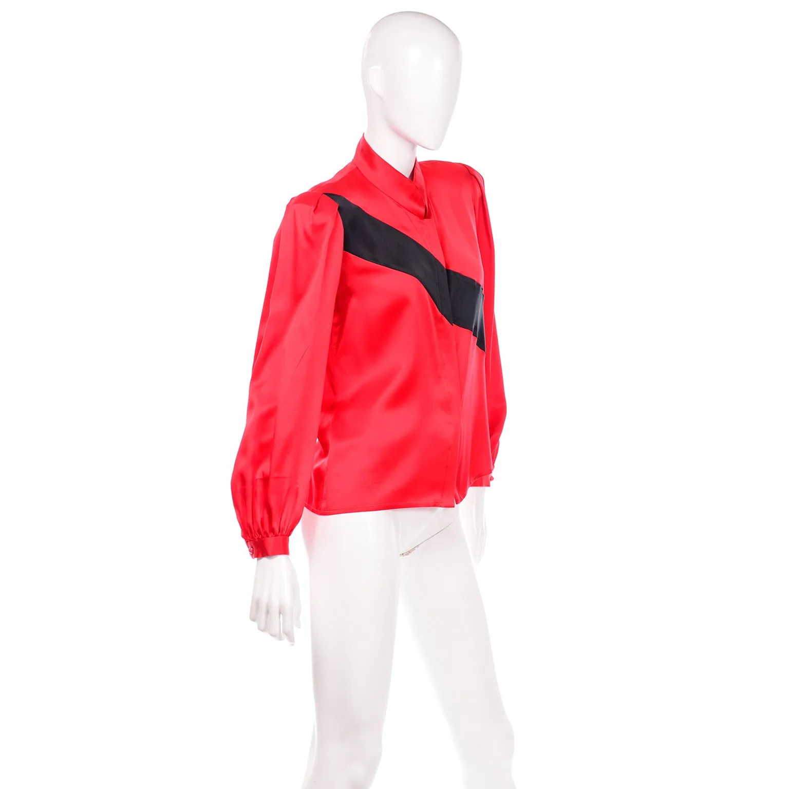 Vintage Valentino Red and Black Diagonal Stripe Silk Long Sleeve Blouse