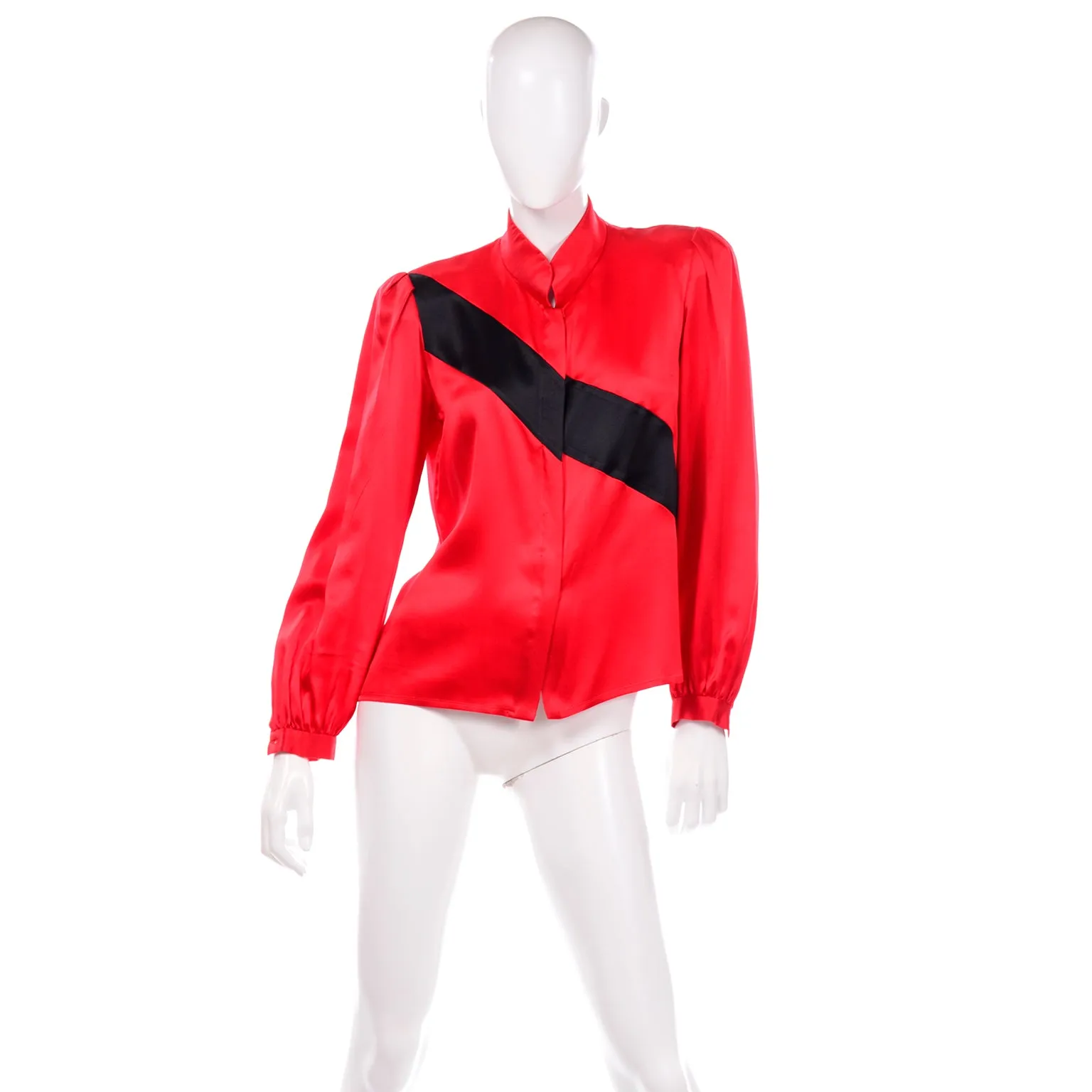 Vintage Valentino Red and Black Diagonal Stripe Silk Long Sleeve Blouse
