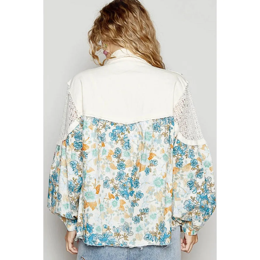 Vintage Washed Floral Crochet Contrast Shirt by Pol