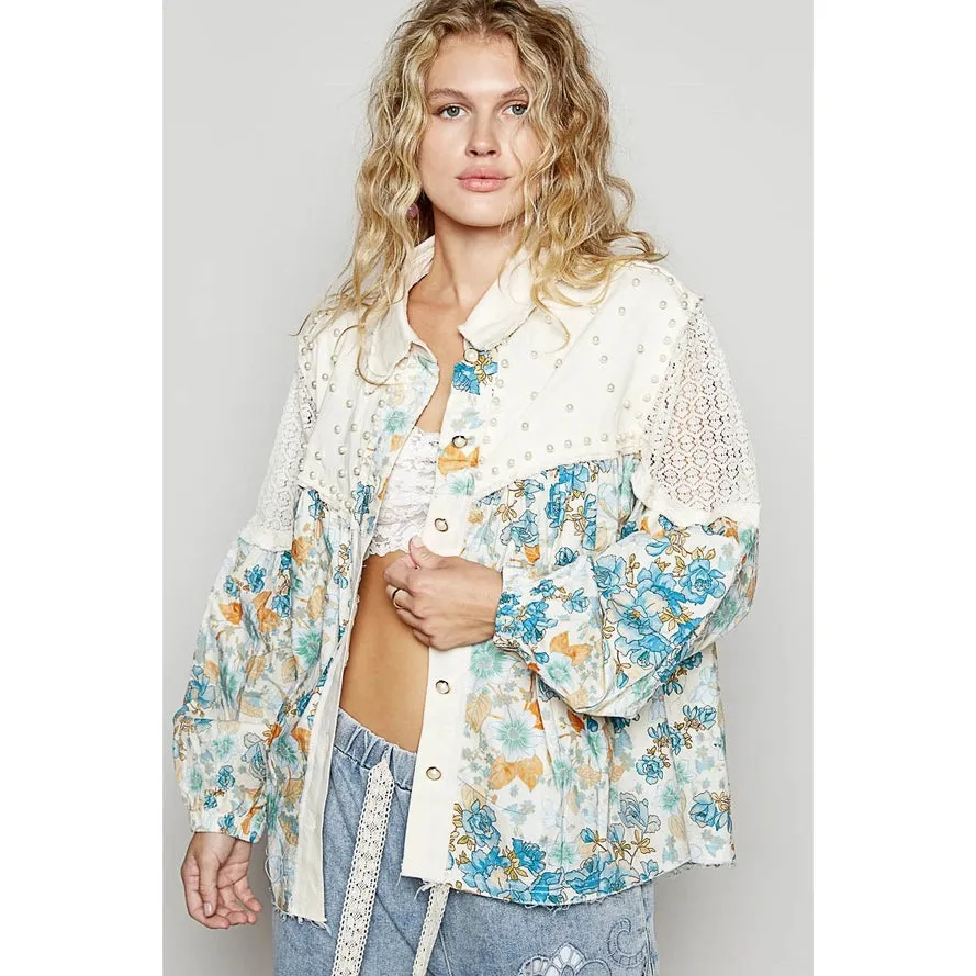 Vintage Washed Floral Crochet Contrast Shirt by Pol