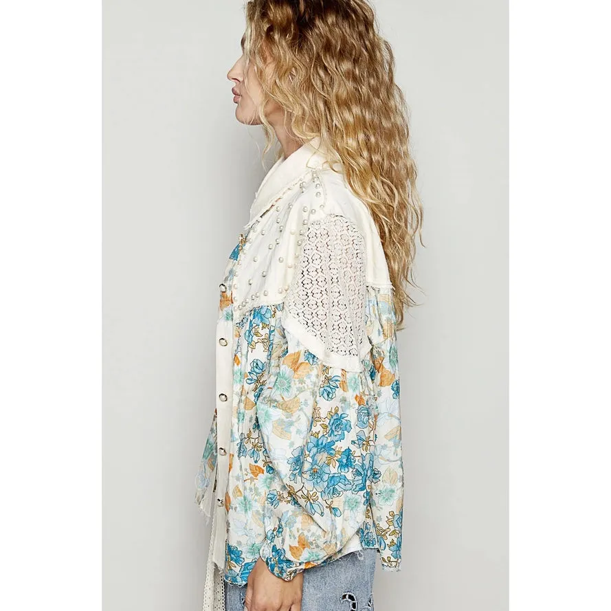 Vintage Washed Floral Crochet Contrast Shirt by Pol