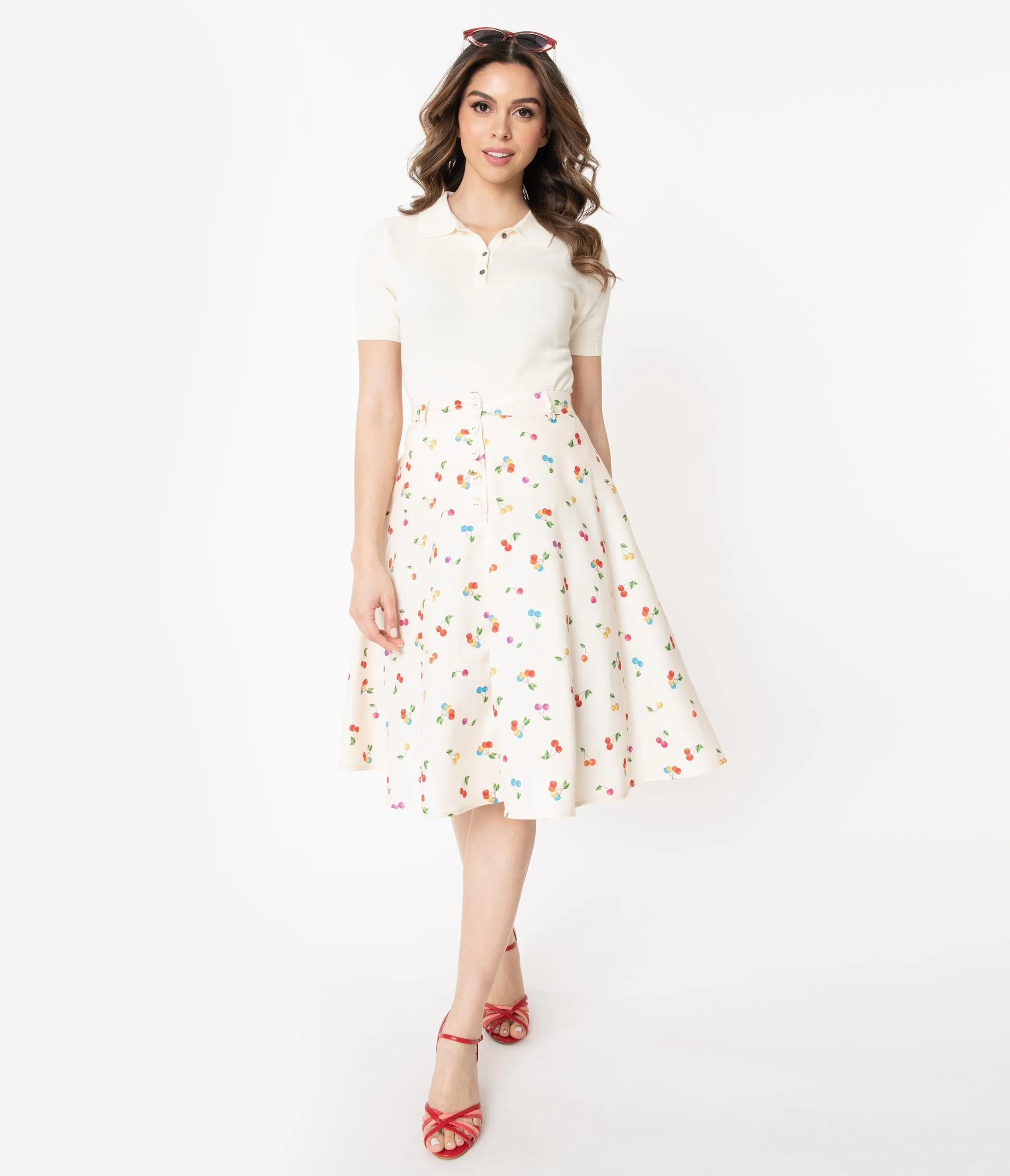 Voodoo Vixen Cream & Multicolor Cherry Print Charlie Swing Skirt
