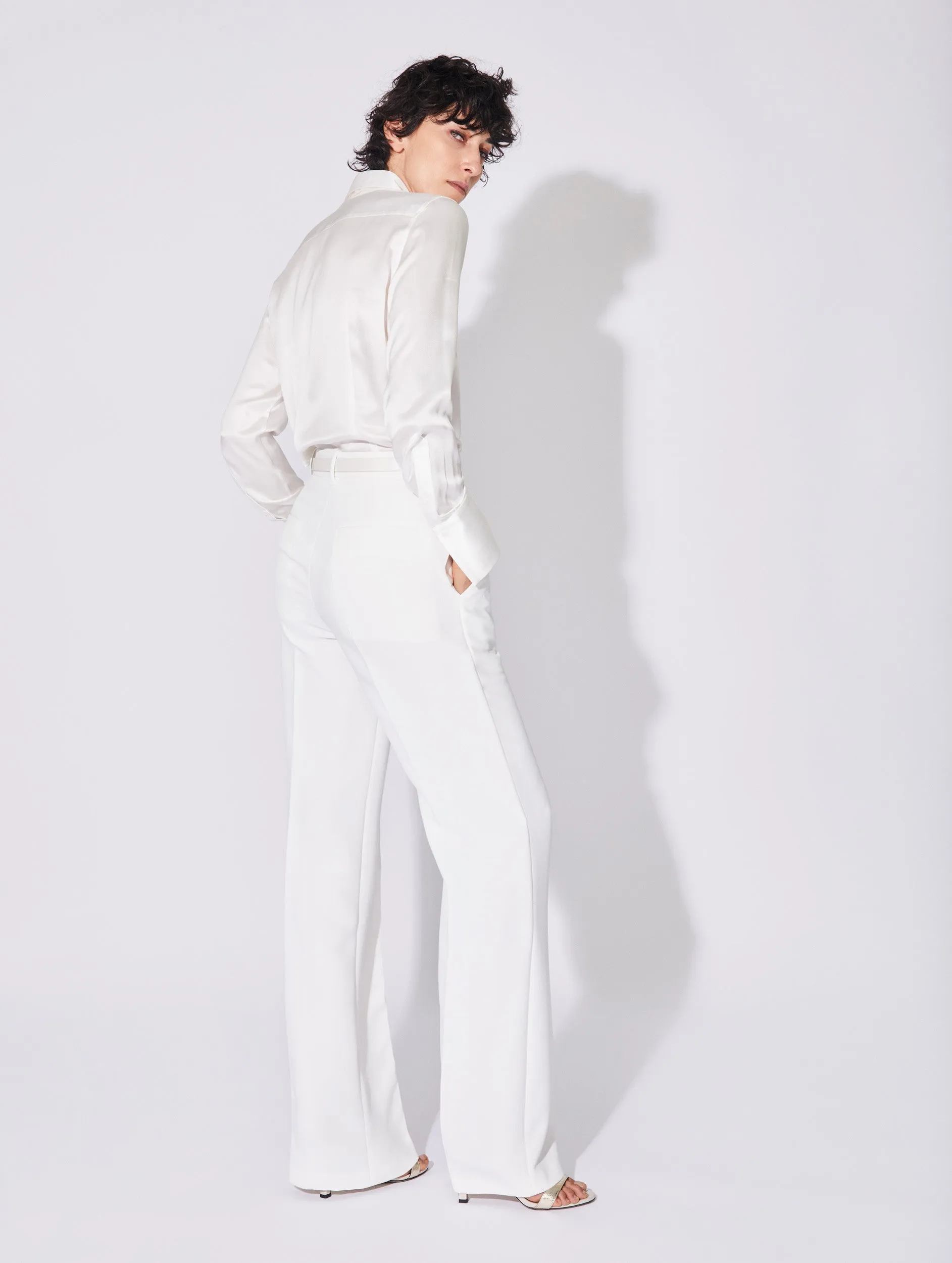 White crepe high waisted flared trousers
