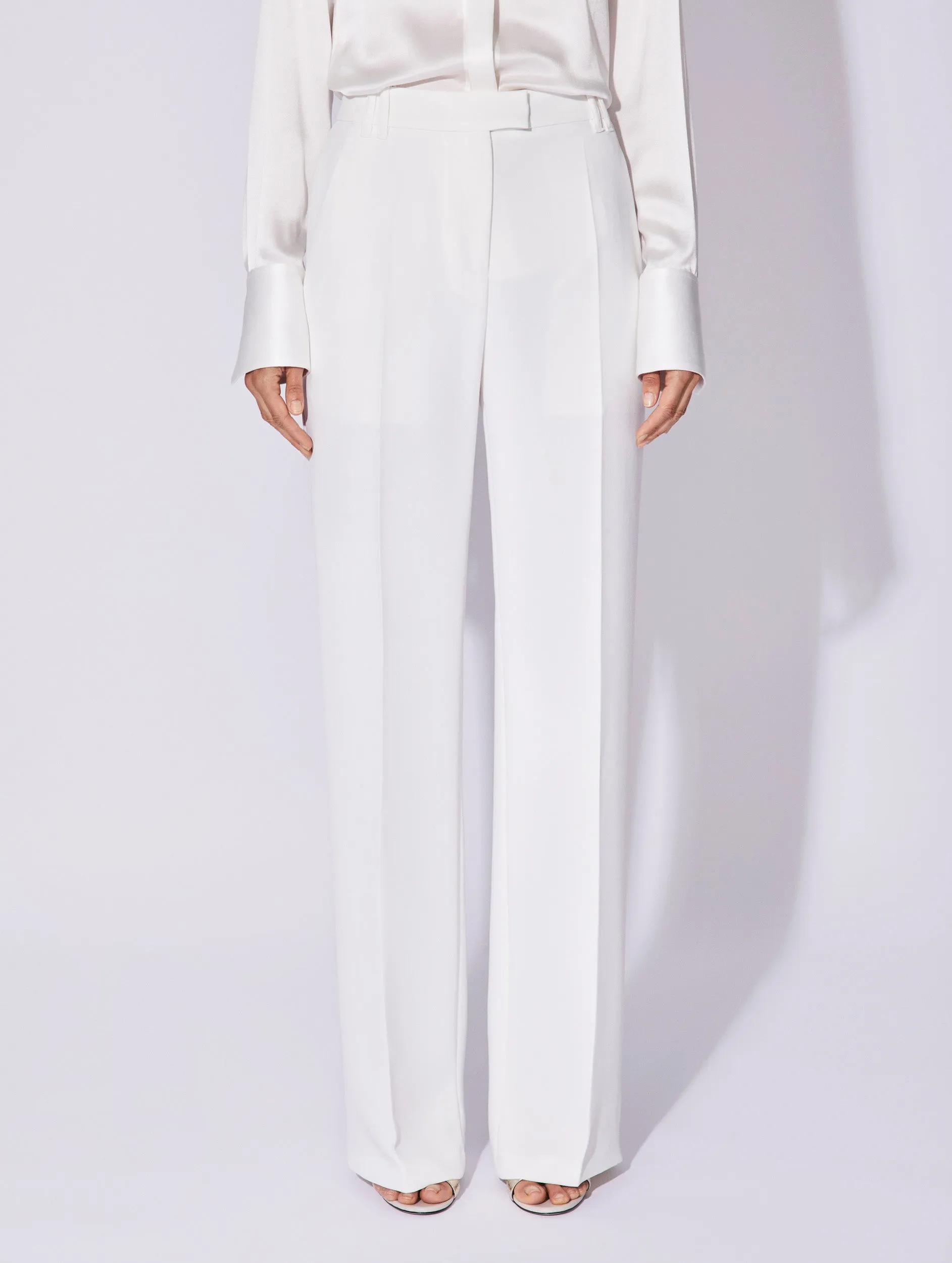 White crepe high waisted flared trousers